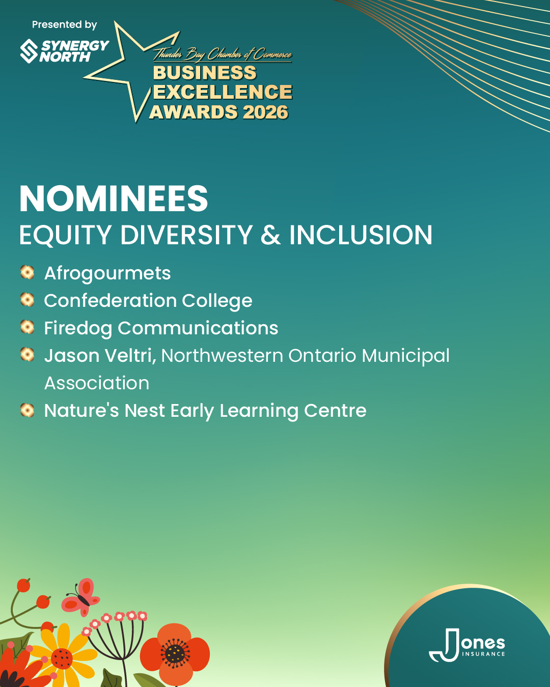 Nominees: Equity, Diversity & Inclusion. Jason Veltri,Northwestern Ontario Municipal Association Firedog Communications Confederation College Afrogourmets Nature's Nest Early Learning Centre