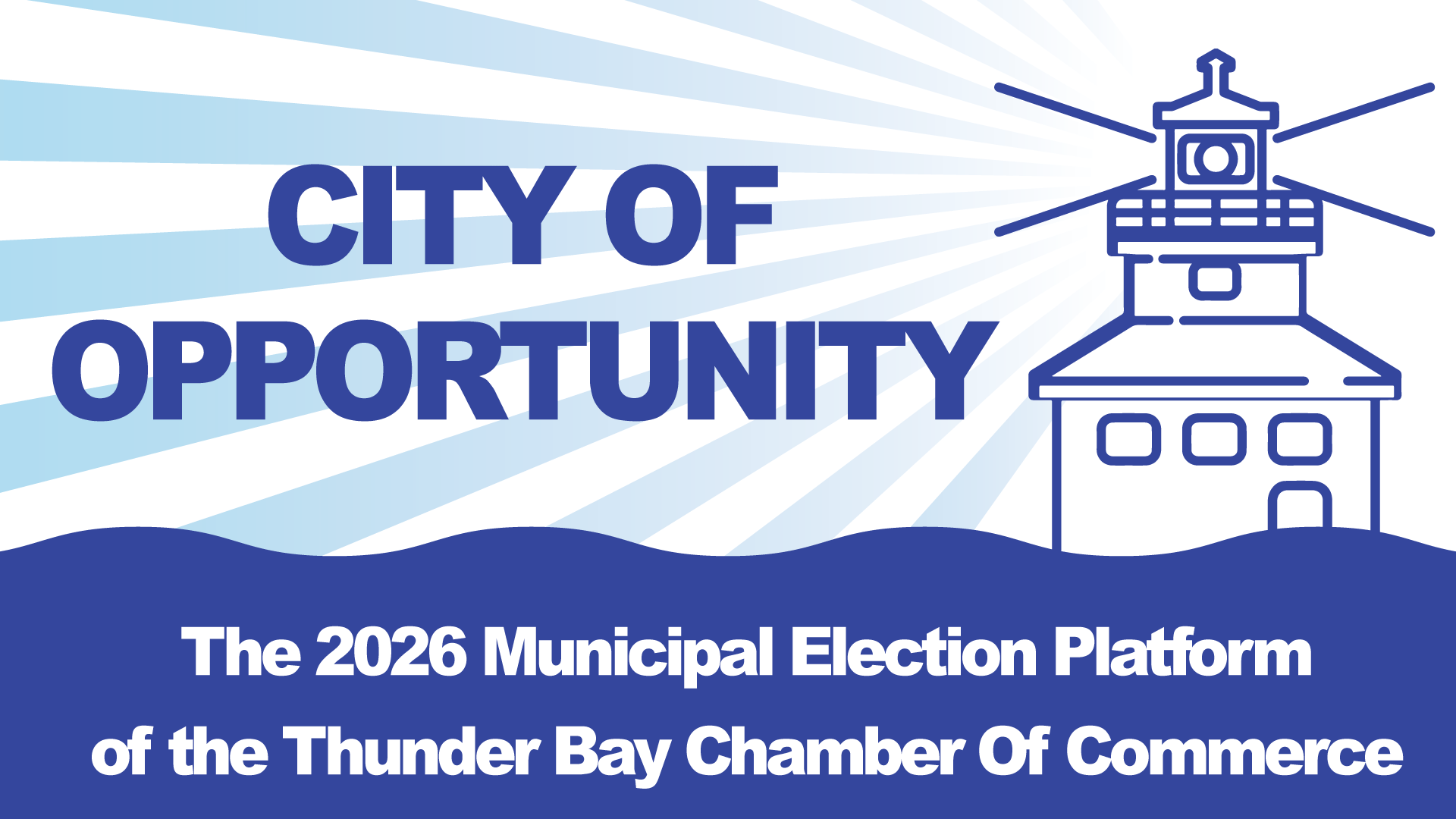 "City of Opportunity" lighthouse drawing with waves and light beams. 